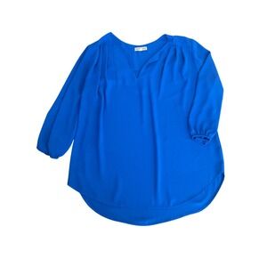Pleione Cobalt Blue Split V-Neck Pleated Blouse Long Sleeve Tunic Large (1136)